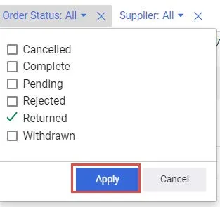 Order Status Window with the "Apply" Button highlighted. 