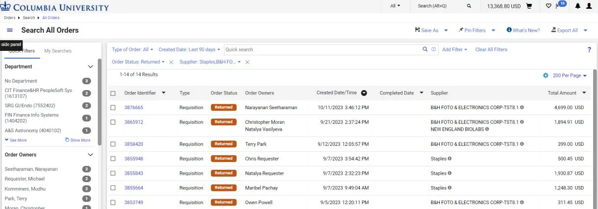 Example of a filtered search list. 