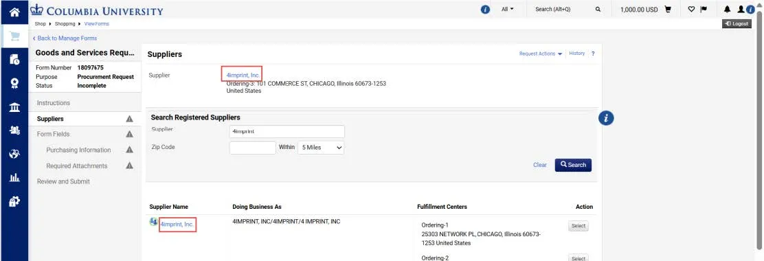 From the Suppliers page of the Goods and Services Request Form, click the Supplier Name either from the search results or from the Supplier that you selected for the request.