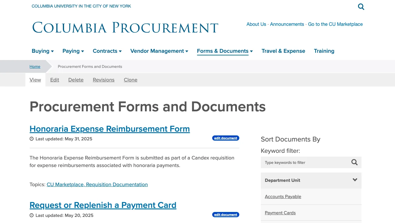 Procurement website's Forms & Docs Library