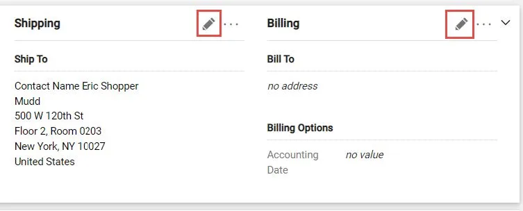 The checkout screen with shipping and billing edit icons highlighted. 