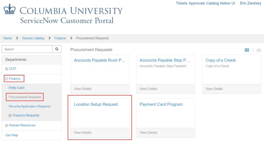 ServiceNow Customer Portal screenshot with location setup request tile highlighted. 