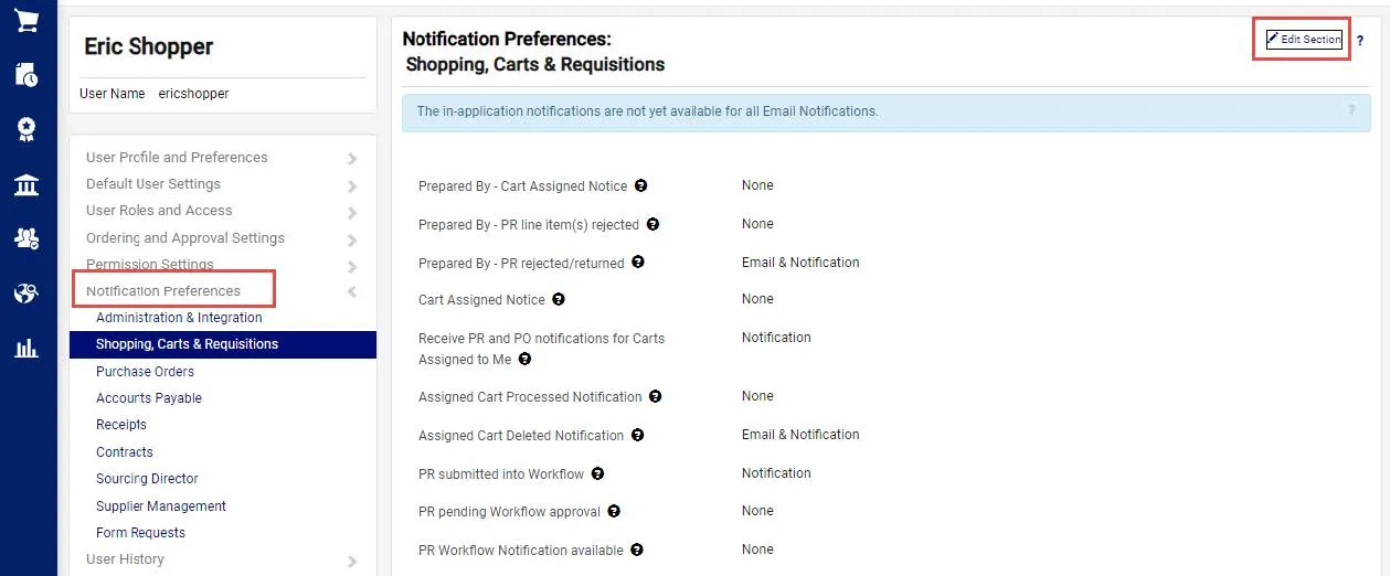 Click Notification Preferences and select the menu item for the category of notifications you want to edit.