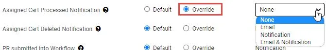 To change a Notification Preference, select the Override option for the desired setting.