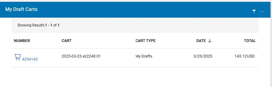 My Draft Carts list screen. 
