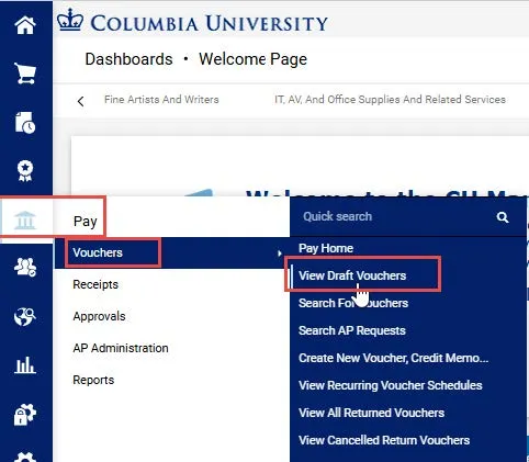 CU Marketplace screen grab of Paying sidebar menu expanded with view draft vouchers link highlighted