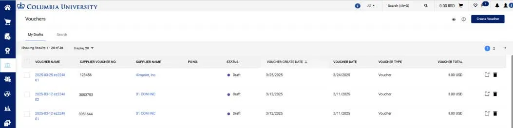 The Vouchers screen displays My Drafts.