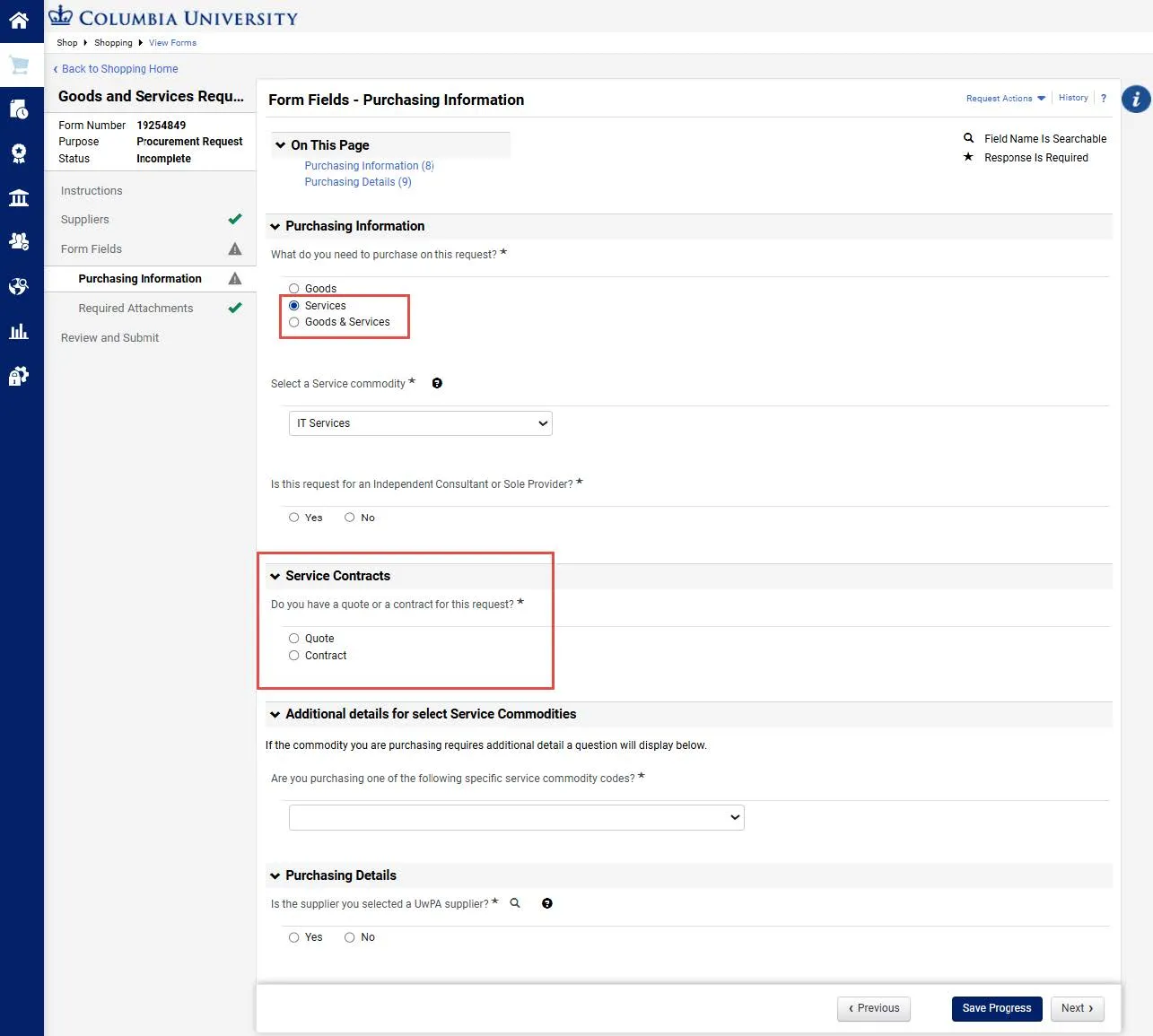 Example of the Service Contracts section appears with the Quote or Contract question.