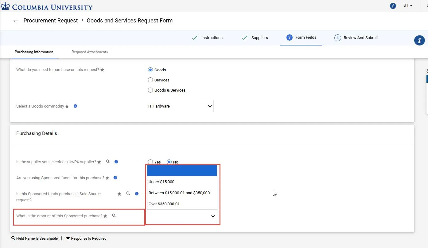 Procurement Request Goods and Services Request Form example with highlighted purchasing details. 