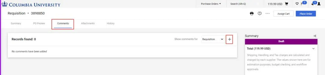 CU Marketplace Requisitions screen, the comments tag is highlighted. 