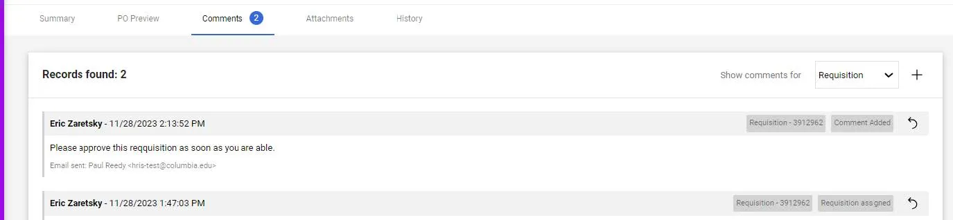 Comments are indicated on the Comments tab and listed on the Comments screen.