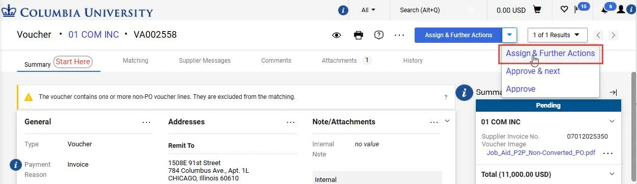 Voucher dashboard screen with Assign & Further Actions link highlighted. 