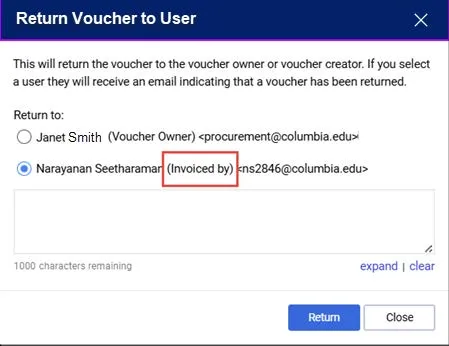 The Return Voucher window. 