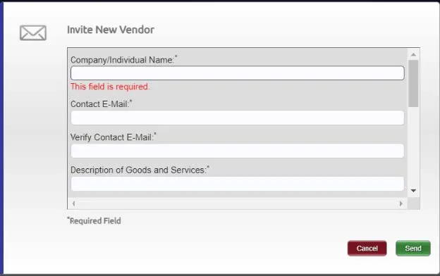 Invite new vendor window. 