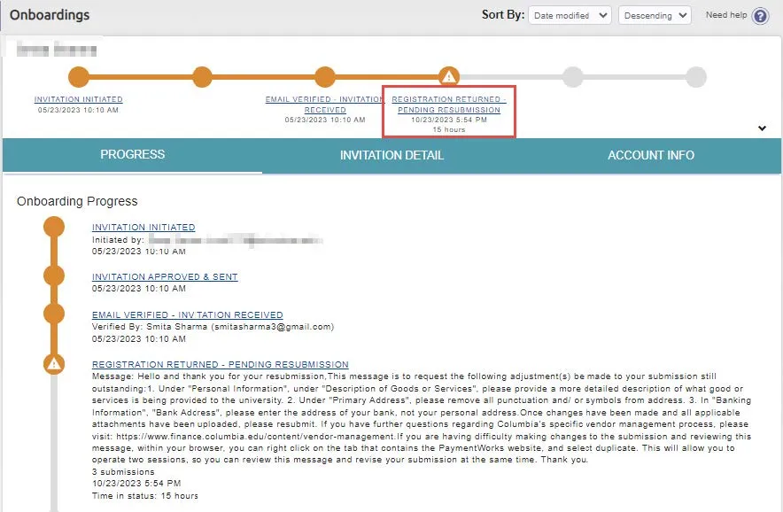 The Invitation Detail screen with a message sent by Vendor Management to the vendor.