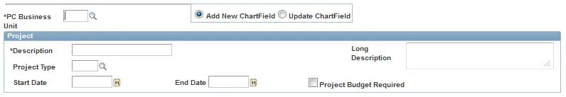 Fill in all required fields. Fill in Project Type by clicking the look up icon and select Project Start and End Dates by clicking the calendar icon.