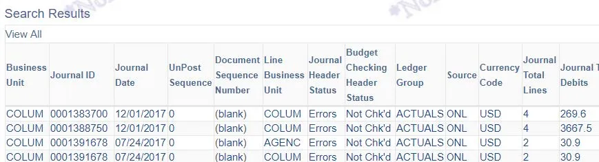 Enter Search Criteria for the desired Journal Entry and click Search. 