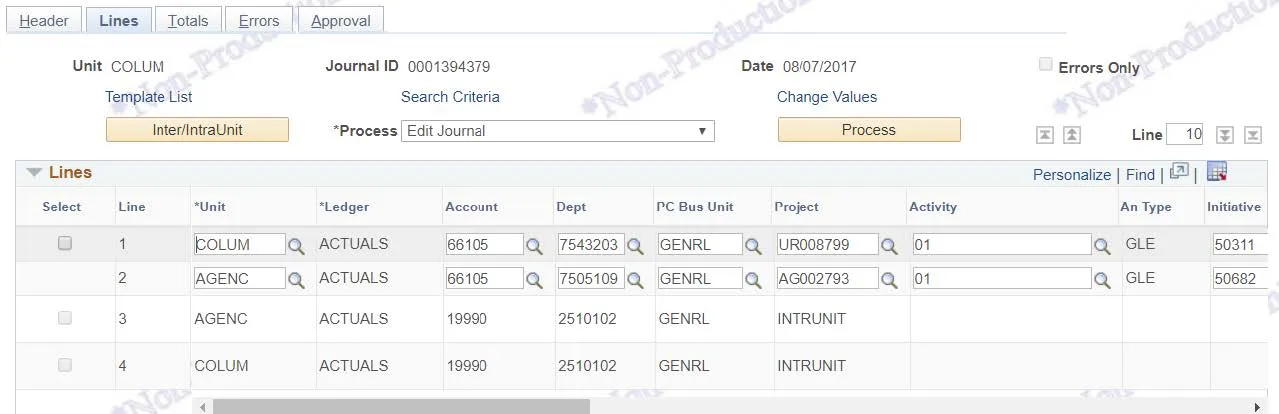 Click the Journal ID of the desired Journal Entry form the search results to view the Journal Entry screen. 
