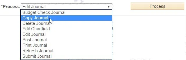 Select Copy Journal from the Process dropdown menu. 
