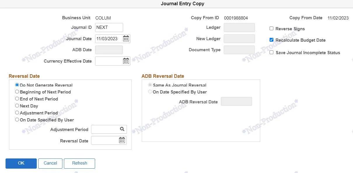 The Journal Entry Copy window appears. 