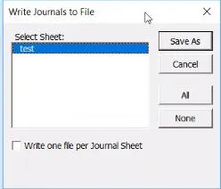 The Write Journals to File window appears with the Journal Sheet Name(s).