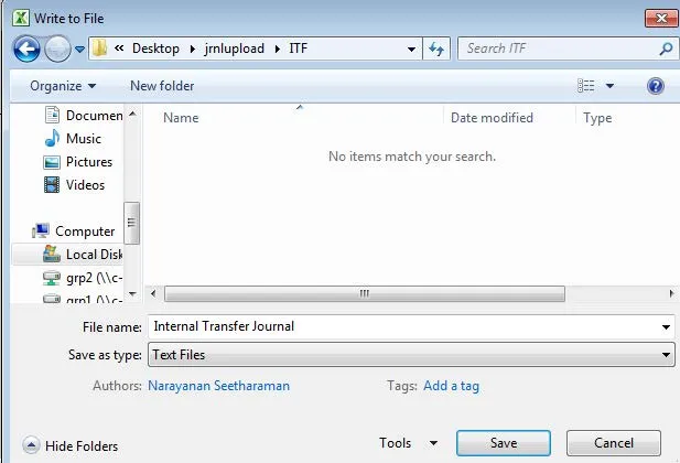 A Write to File Explorer window appears with the filename defaulted to whatever you named the Journal Sheet, which will be saved in Text (.txt) format.
