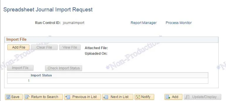 Click the matching Run Control ID to open the Spreadsheet Journal Import Request page.