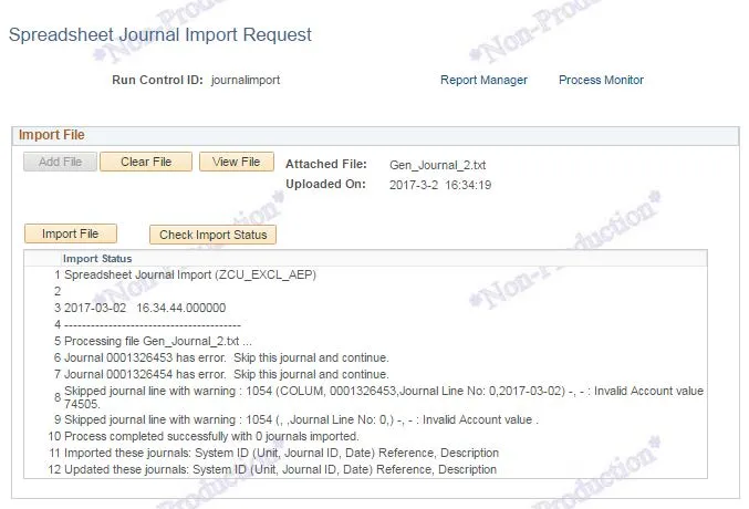 If the journal upload process ran successfully but there are other issues with the journal rows, such as invalid or missing ChartField values, the errors will appear in the log messages box. 