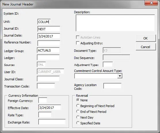 The New Journal Header window appears.