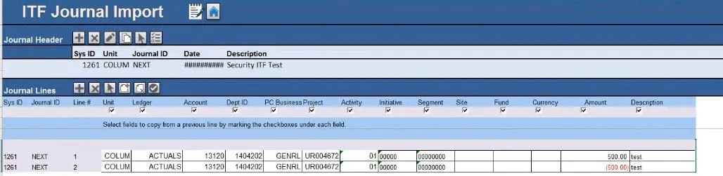 Enter ChartField values into the journal rows.