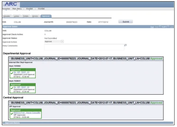 When the journal is approved, the section showing approvals appears green.
