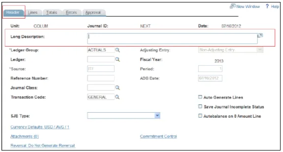 In the create Journal Entry Page, click the Header tab.