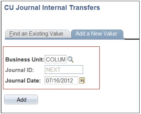 The CU Journal Internal Transfers appears.