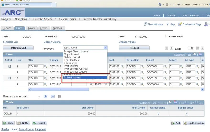 From the Lines tab, go to the Process dropdown menu and select Submit Journal.