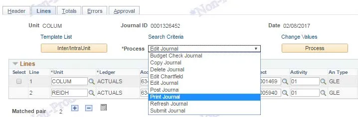 Select PRINT JOURNAL from the pull down process menu and click the PROCESS button.