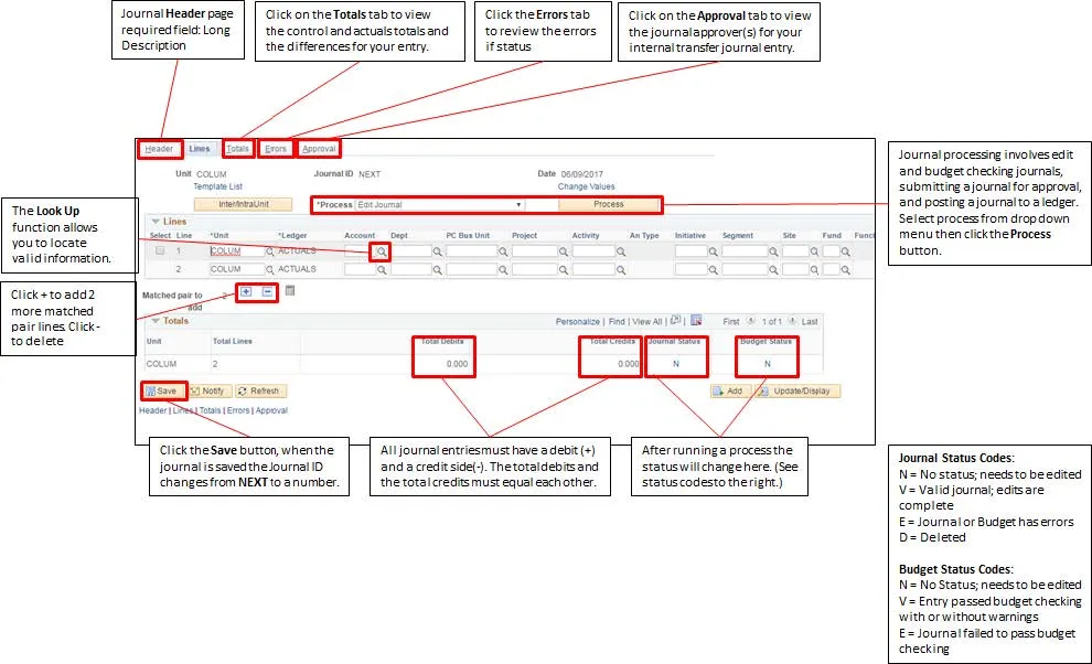 This job aid contains a description of the different fields and features of the internal transfers journal lines page.