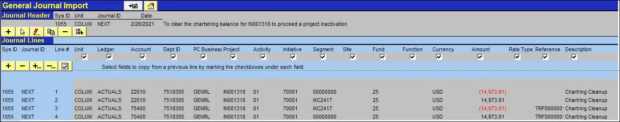 Use the journal import tool to upload the journal to clear the ChartString balances.