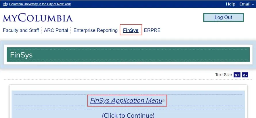 Log into FinSys via MyColumbia and click the FinSys Application Menu link 