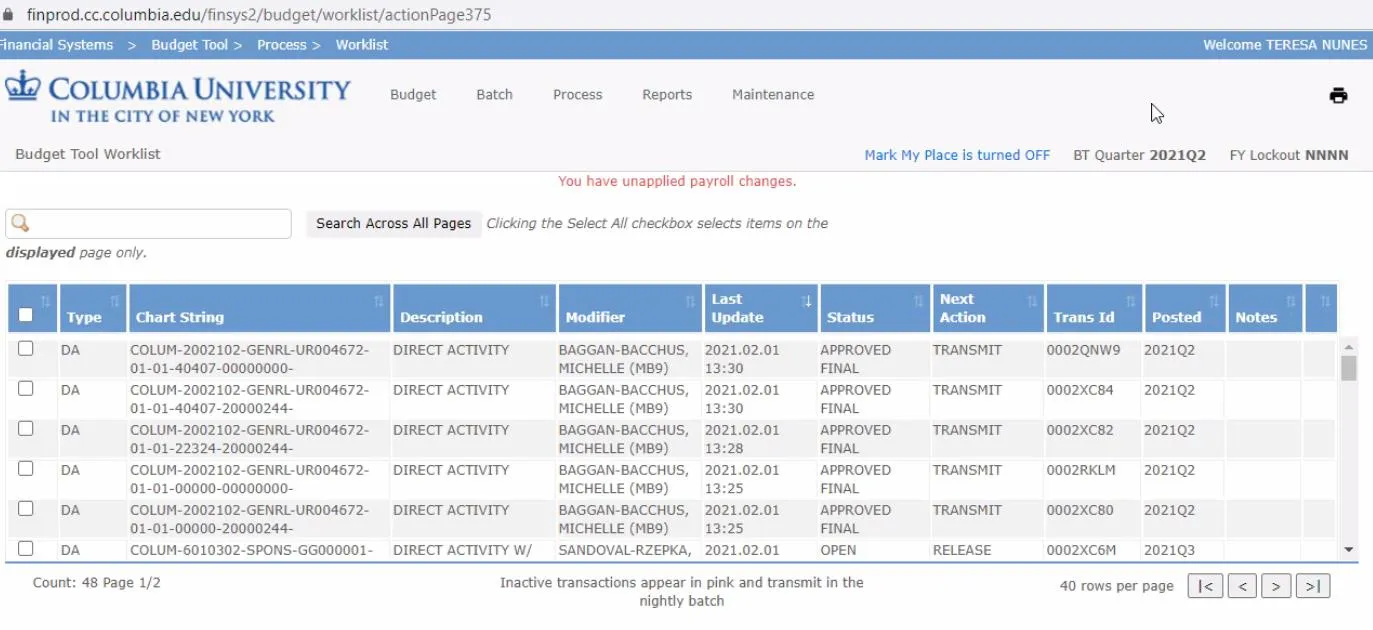Click the Budget Tool link. The Worklist screen appears. 