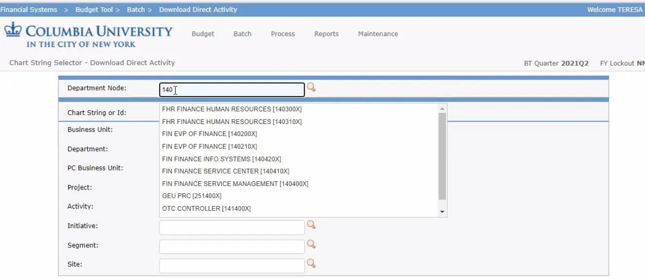 The ChartString Selector screen appears and works the same for any of the selections above.