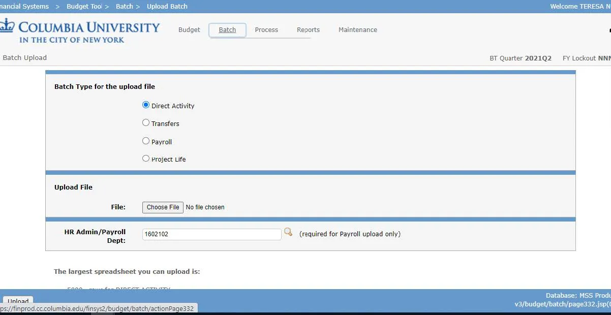 The Batch Upload Screen appears.