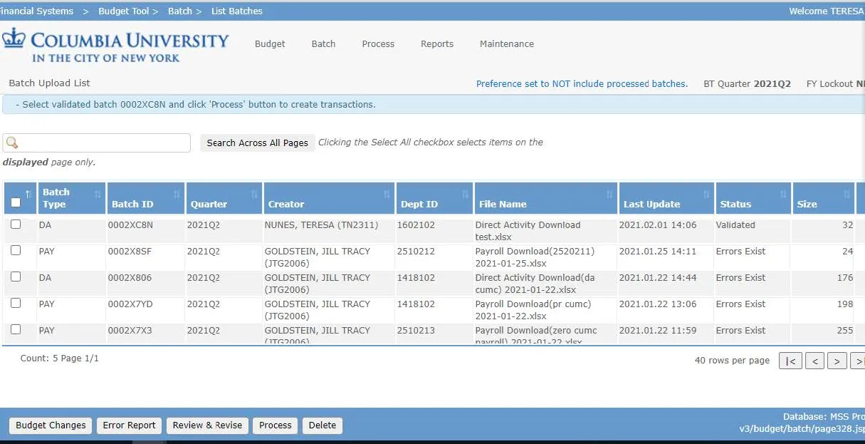 The Batch Upload List screen appears with your upload.