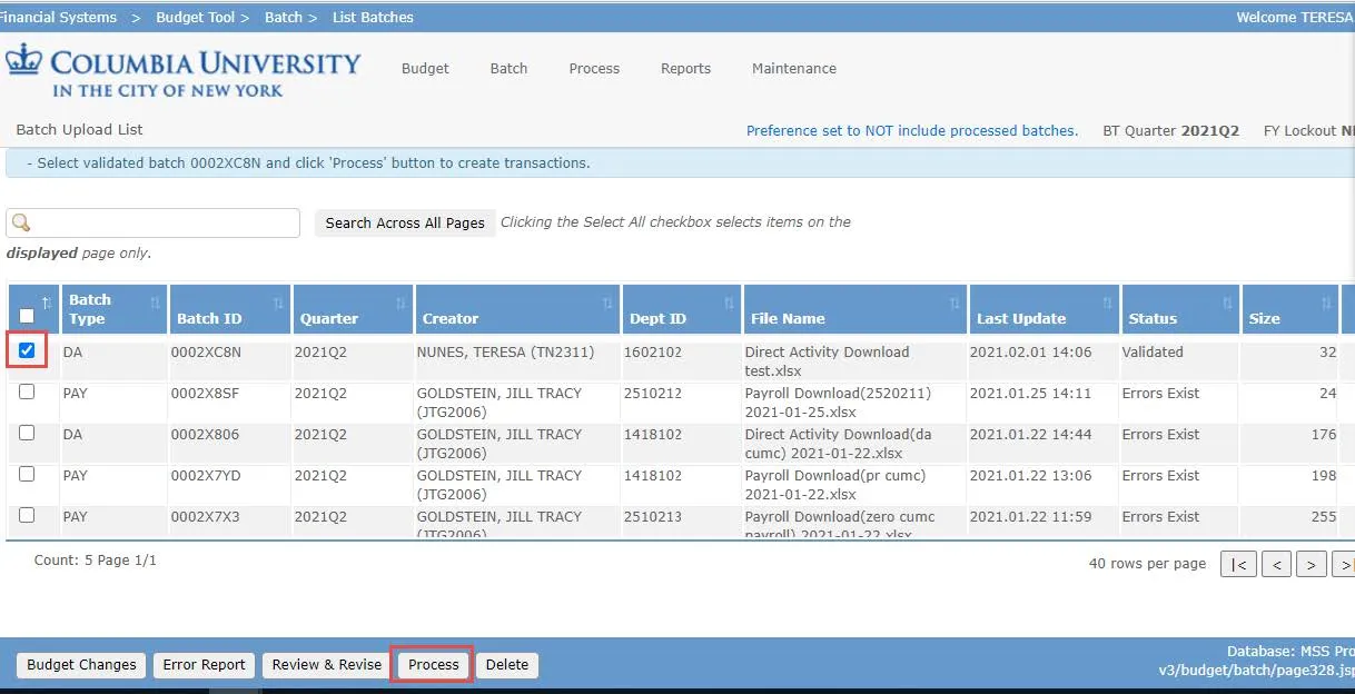 Select the checkbox for the Batch you are processing.