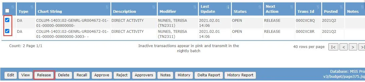 Select the checkboxes for each Batch item and click the Release button.