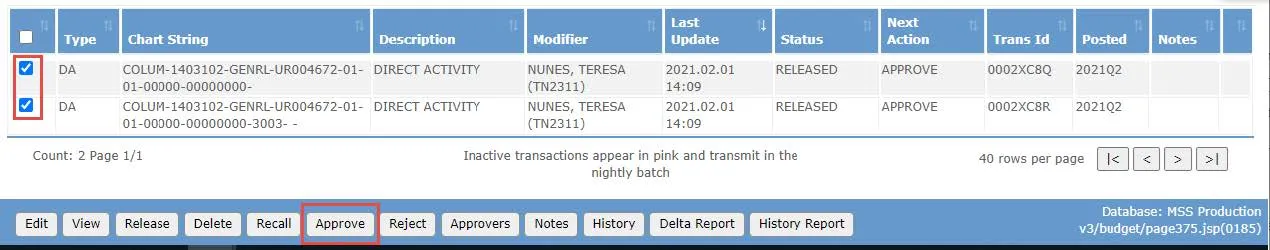 Select the checkboxes for each Batch item and click the Approve button. 