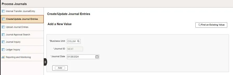 Click Create/Update Journal Entries menu option.