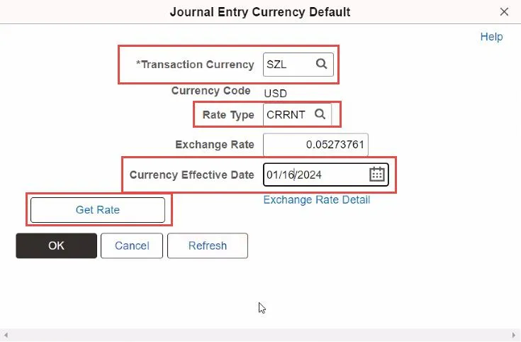 The Journal Entry Currency Default window appears. 
