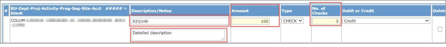 Enter the ChartString information for each ChartField and click Next from the bottom of the screen. The Item appears on the Cash Batch form. 