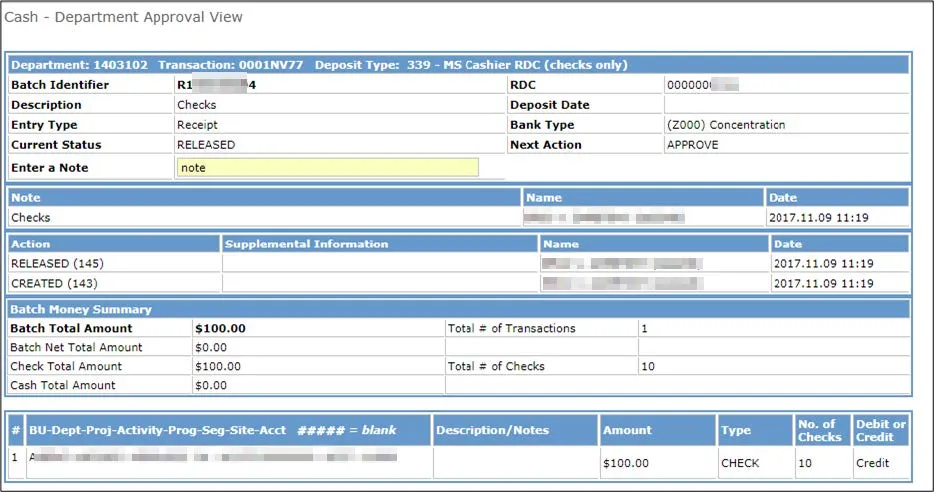 The Cash – Department Approval View appears. 