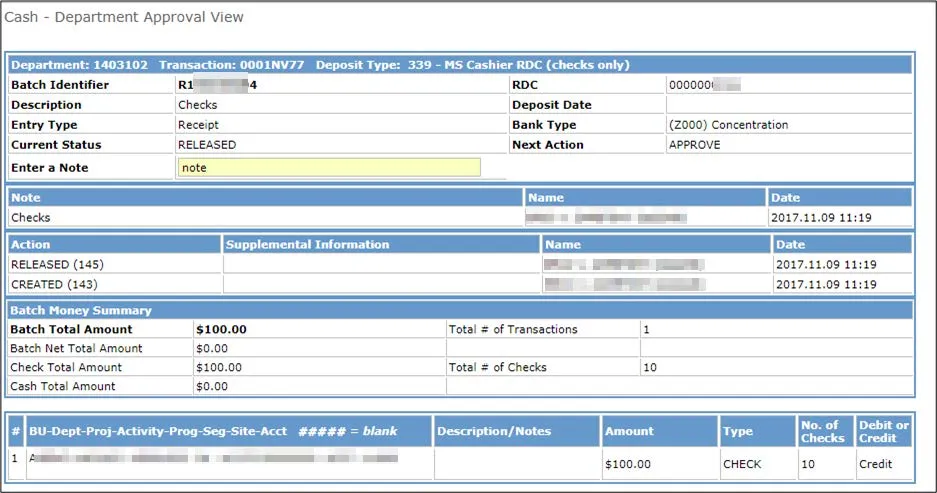 The Cash Deposit Report Detail View appears.